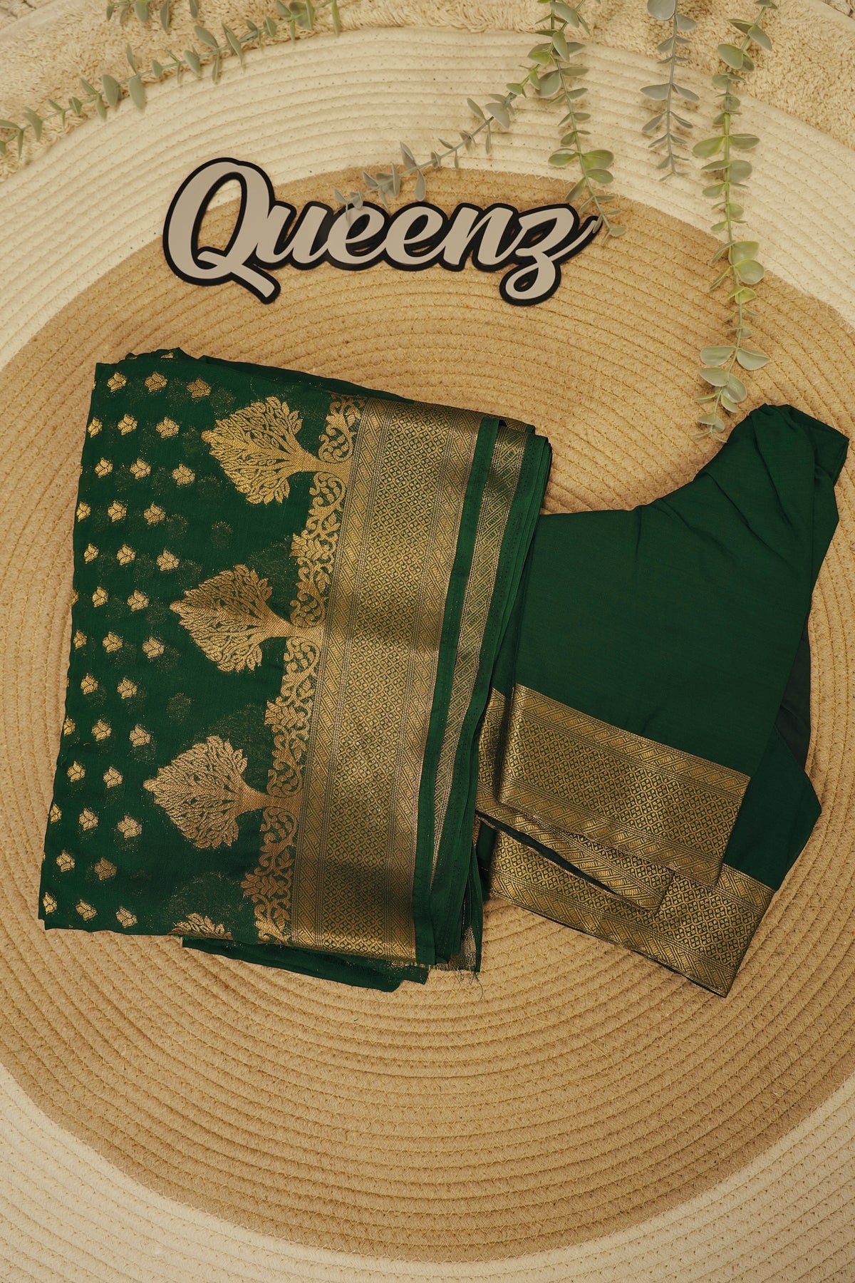 Bottlegreen Banarasi Georget Saree with Stitched Blouse