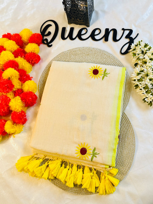 QMC366-Sunflower Embroidery Mul Cotton Saree