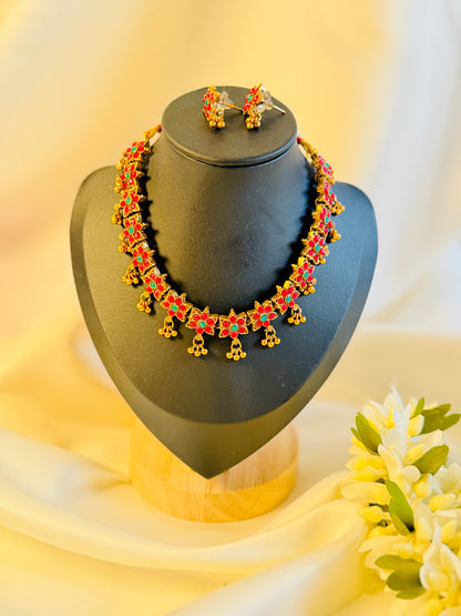 QJ125- Flower Choker with Hangings Necklace
