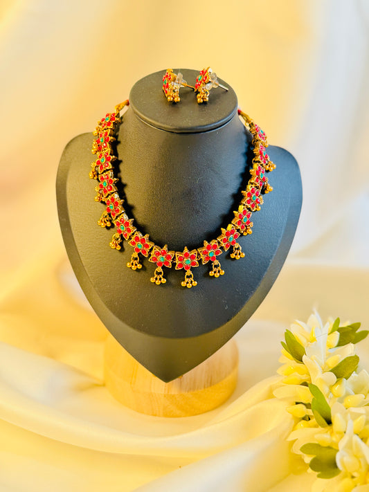 QJ125- Flower Choker with Hangings Necklace