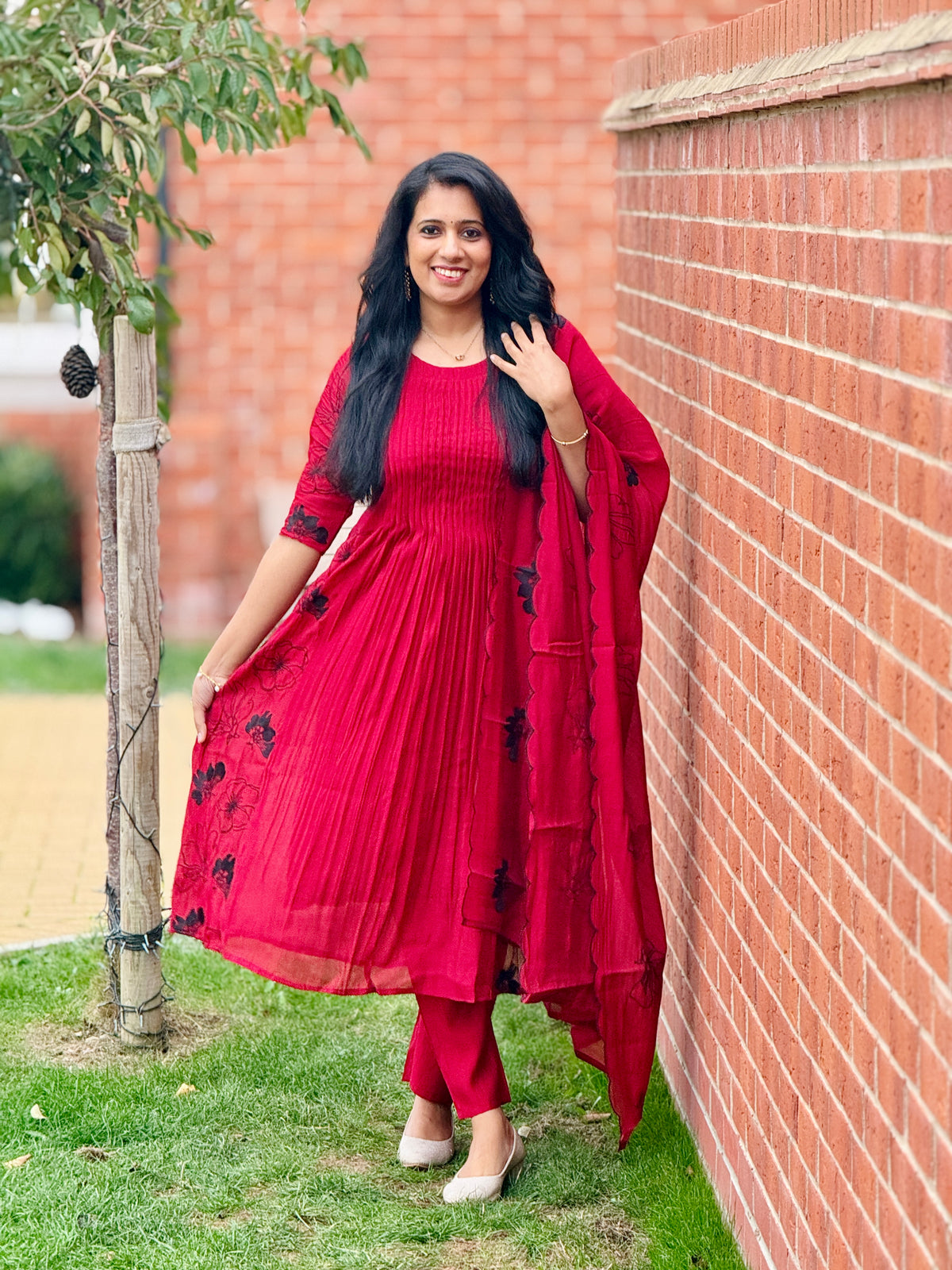 Dark Red Mulchanderi Anarkali