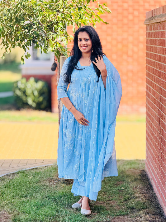 Premium Mul Chiffon Sky Blue Anarkali Set