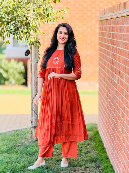 Rust Orange Mul Chanderi  Coord Set