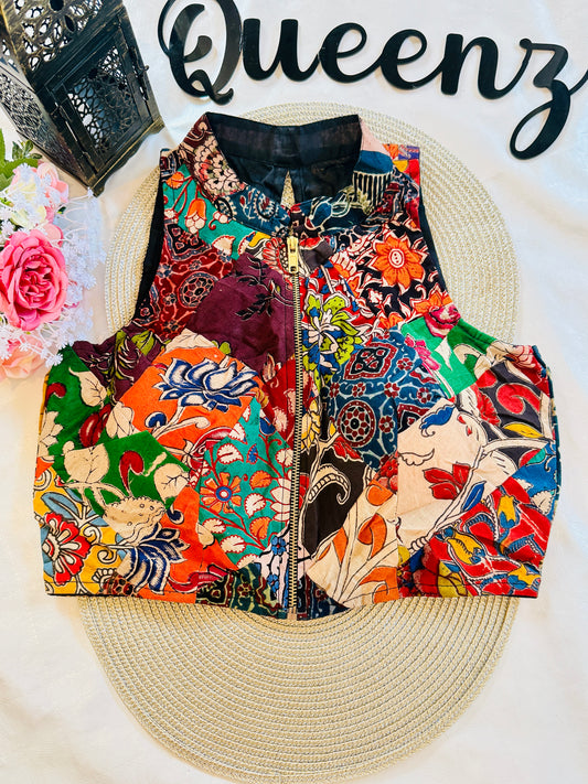 QB095- Ajrak Patch Halter Neck Sleeveless Blouse