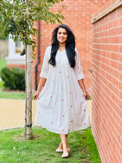 Off White Mul Chiffon Pleated Frock Kurta