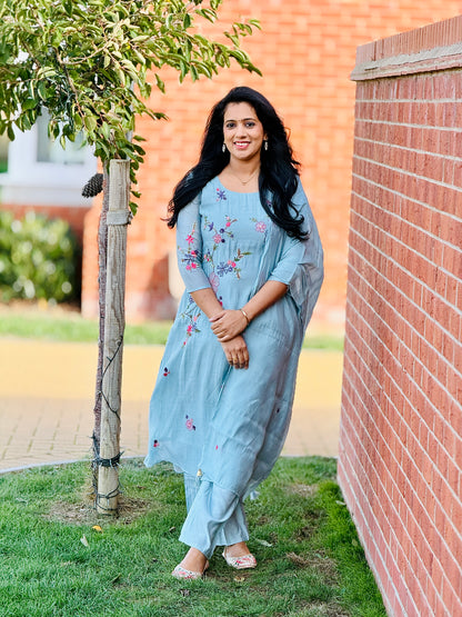 Ice Blue Mulchanderi Anarkali Set