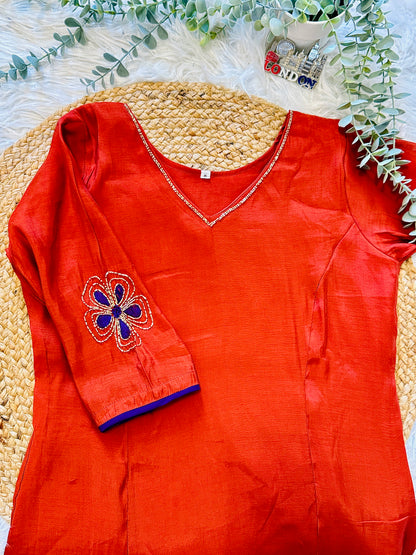 QS818-Rust Orange MulChanderi Coord Set