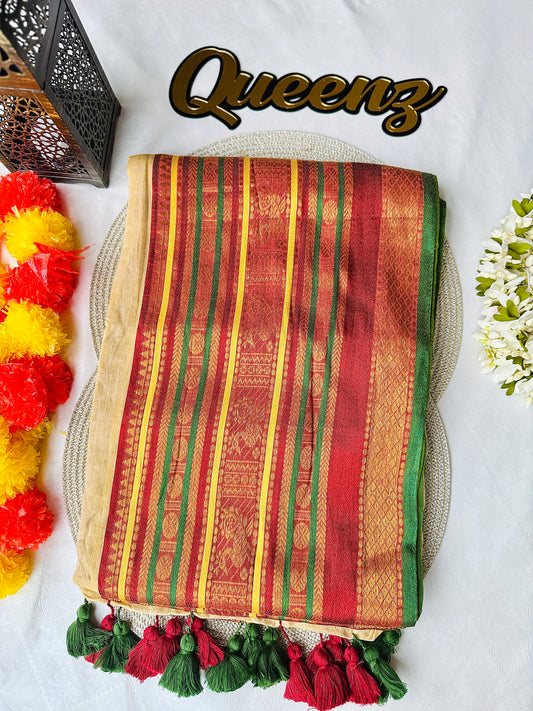 QMC026 Wide Kanchi Border Sandal Mul Cotton Saree