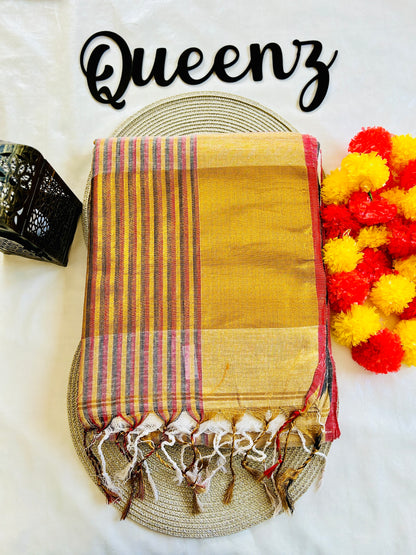 SS365- Linen Saree with Tissue lined Border