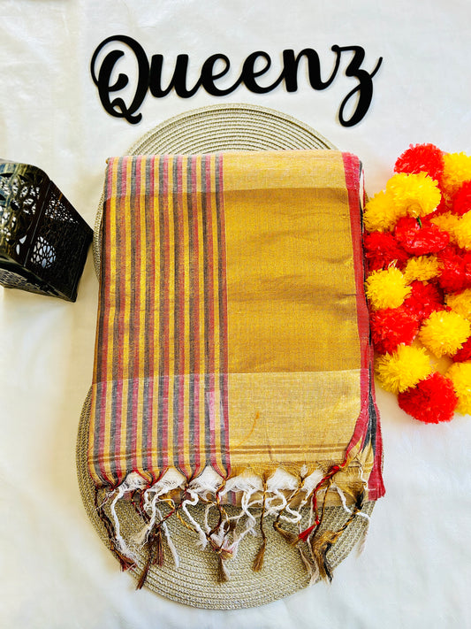 SS365- Linen Saree with Tissue lined Border