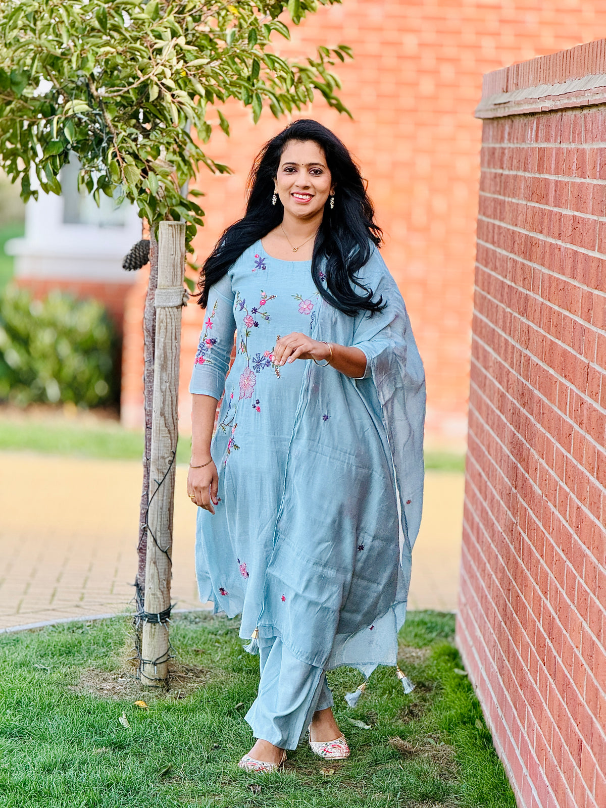 Ice Blue Mulchanderi Anarkali Set