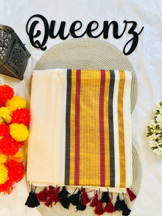 QMC008- Black and Maroon line  Border Mul Cotton Saree