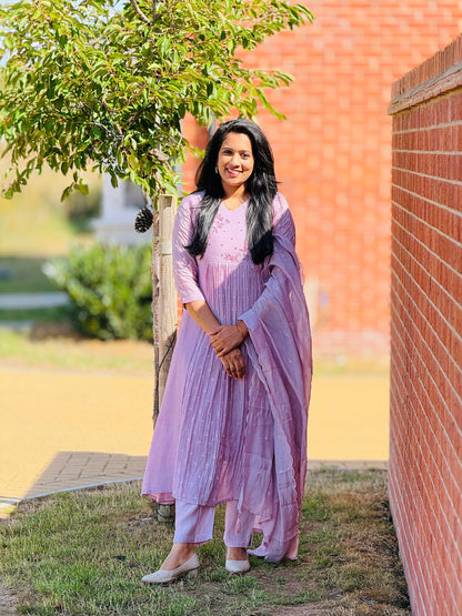 Premium Mul Chanderi Lavender Anarkali Set