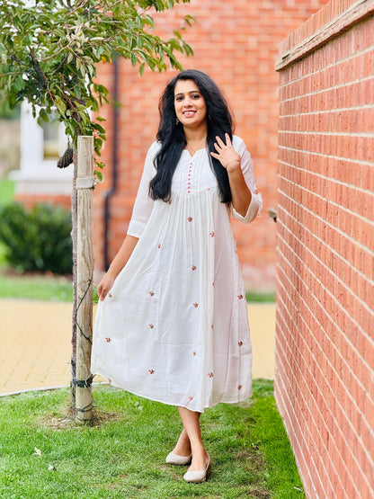 Off White Mul Chiffon Pleated Frock Kurta