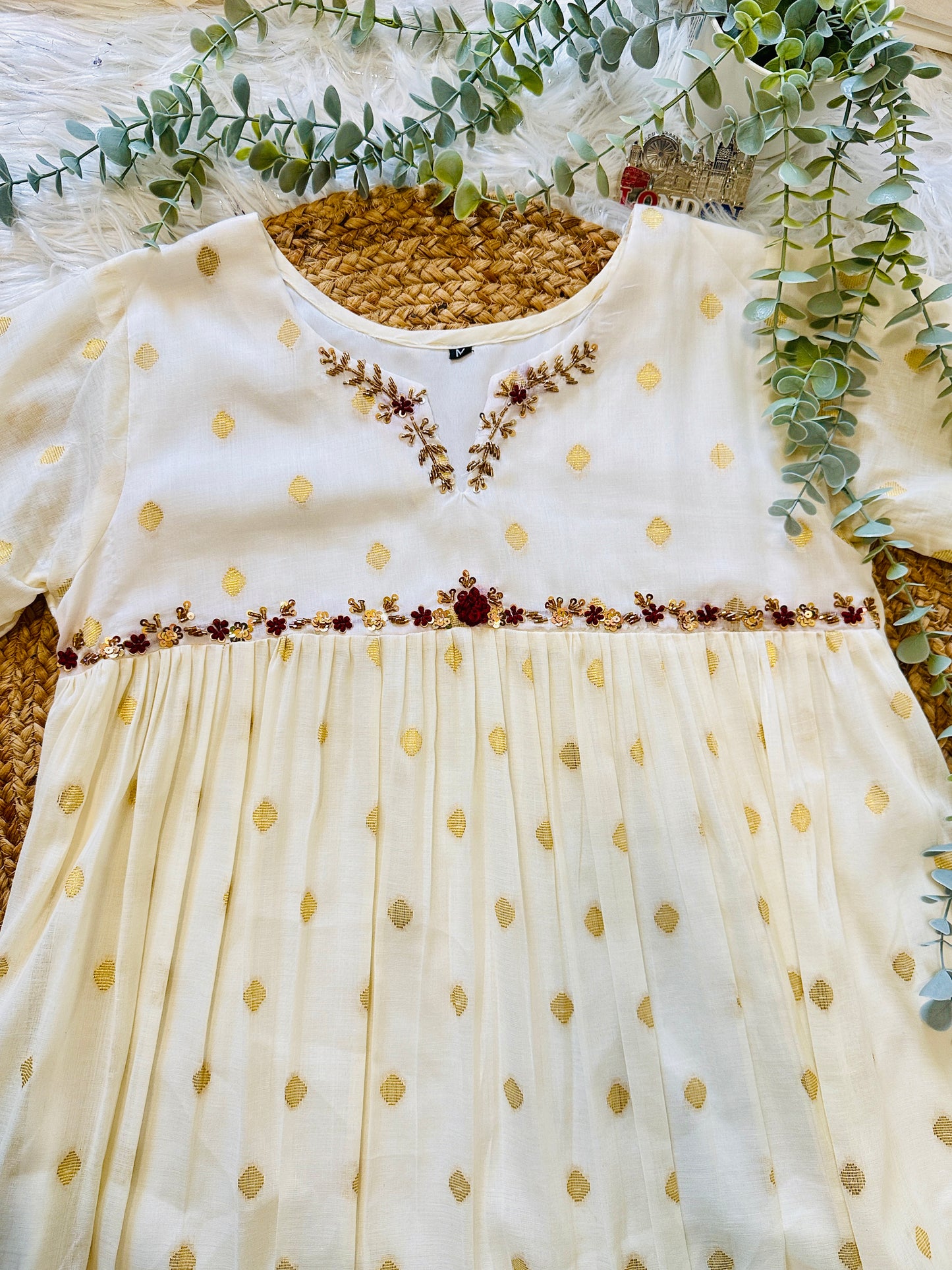 QS802- Golden Weaved Pleated Cotton Kurta