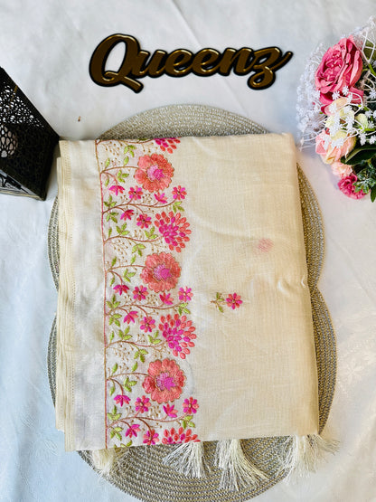 Off-White Semi Tussar Floral Embroidery Saree