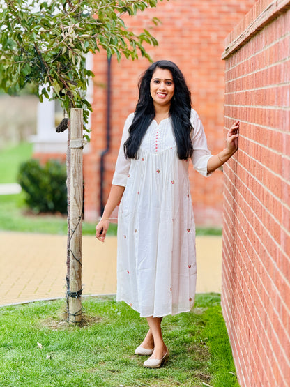 Off White Mul Chiffon Pleated Frock Kurta
