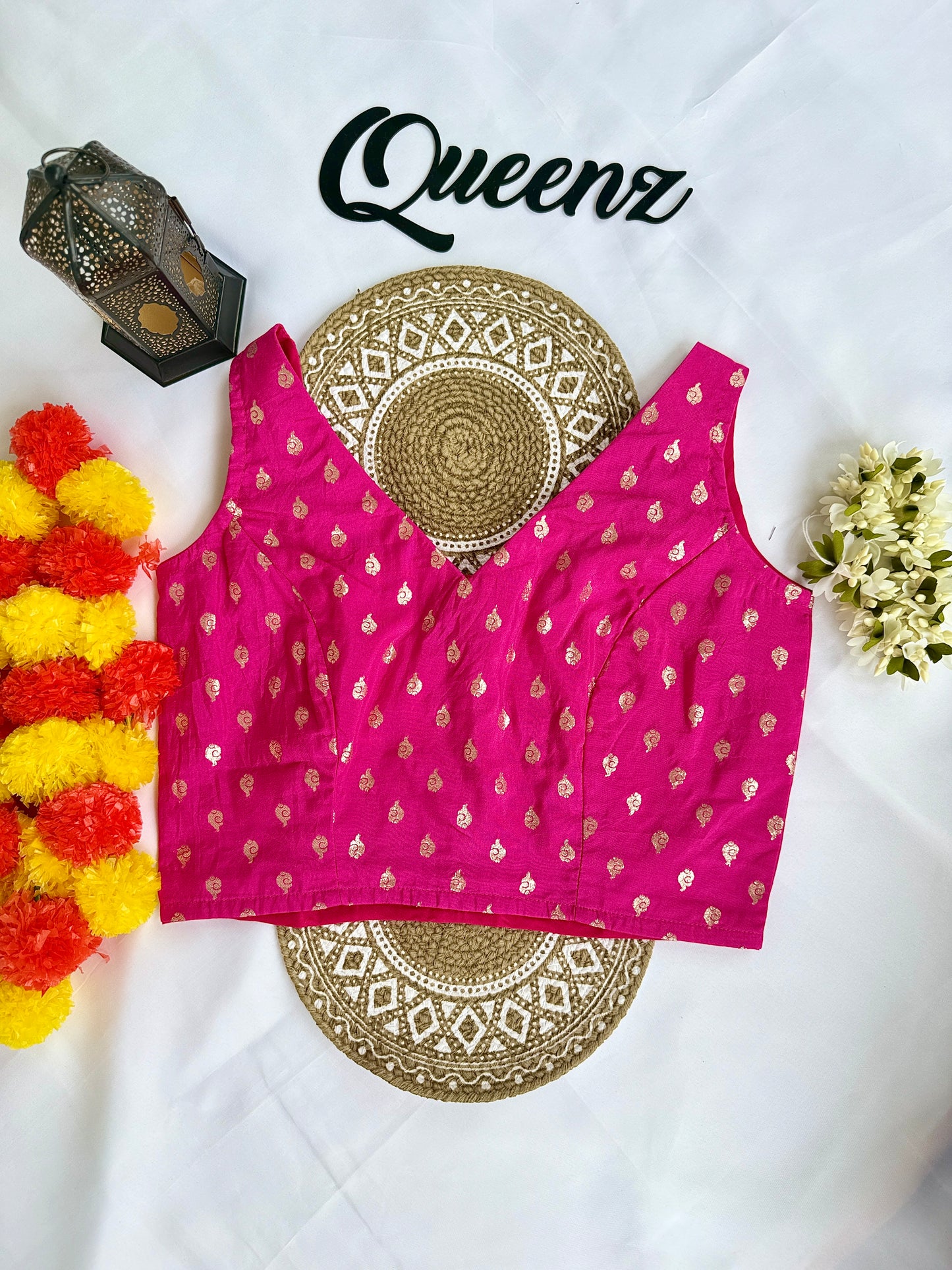 QB139-Hot Pink Brocade  Sleeveless Blouse