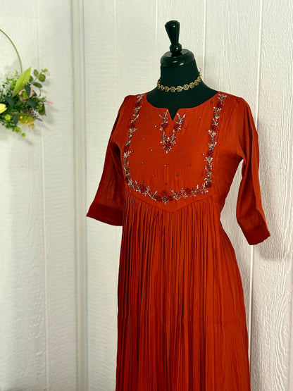 Chanderi Rust Pleated Kurta