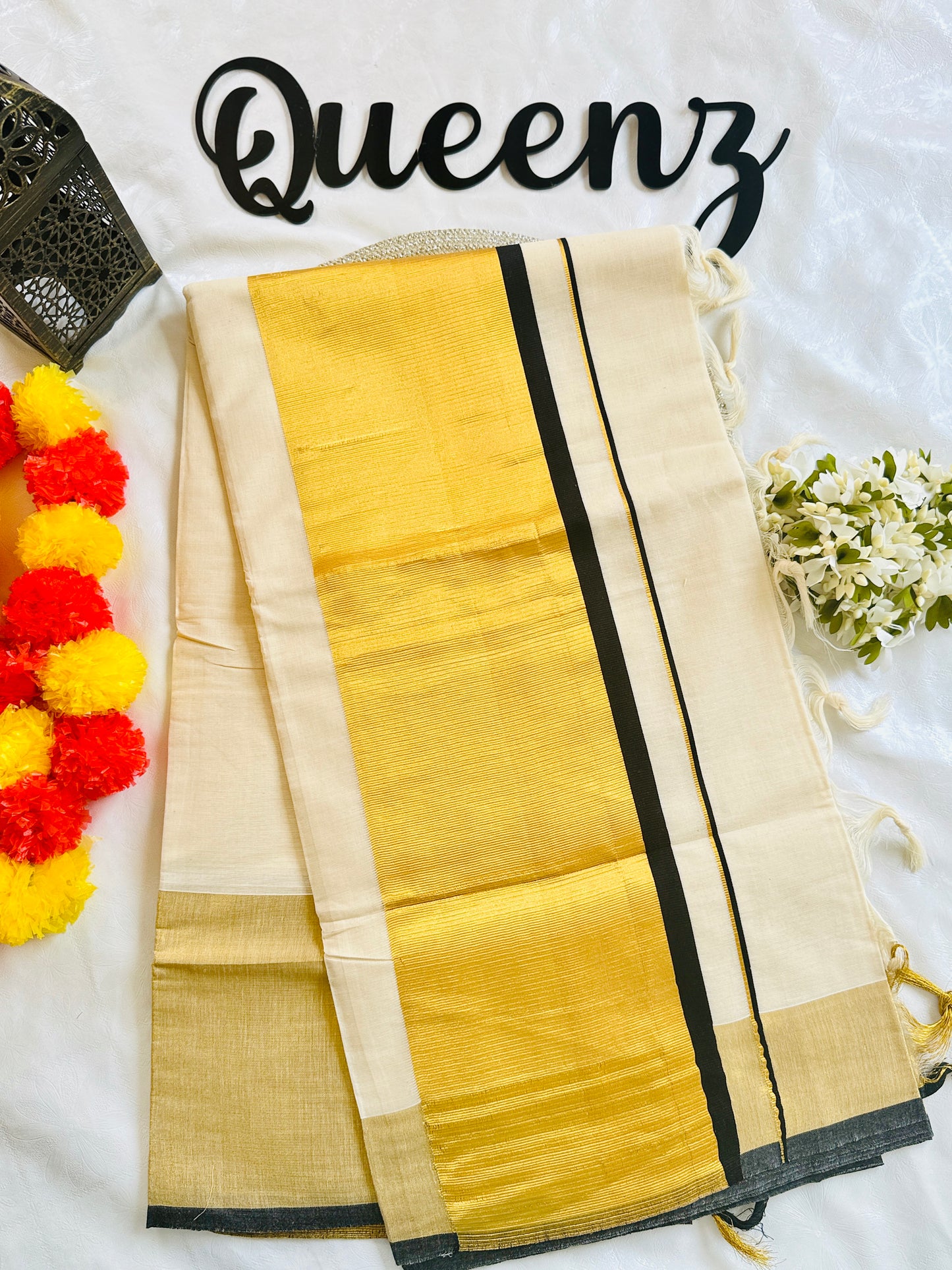 SS333-Wide Kasavu Saree - Black