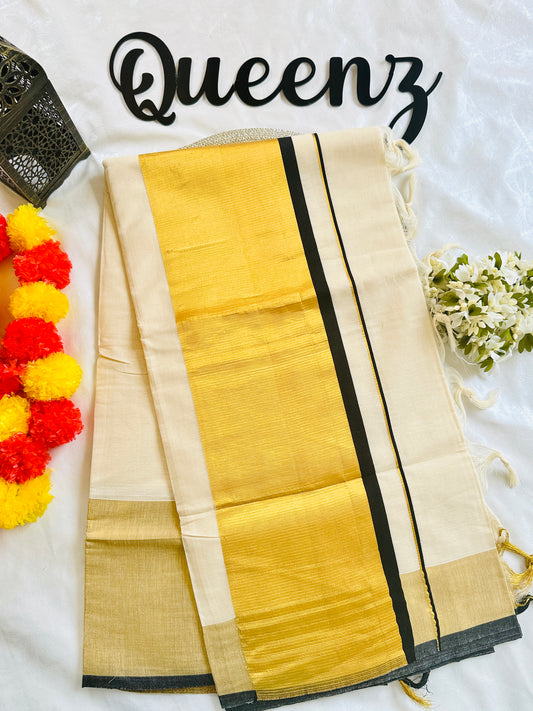 SS333-Wide Kasavu Saree - Black