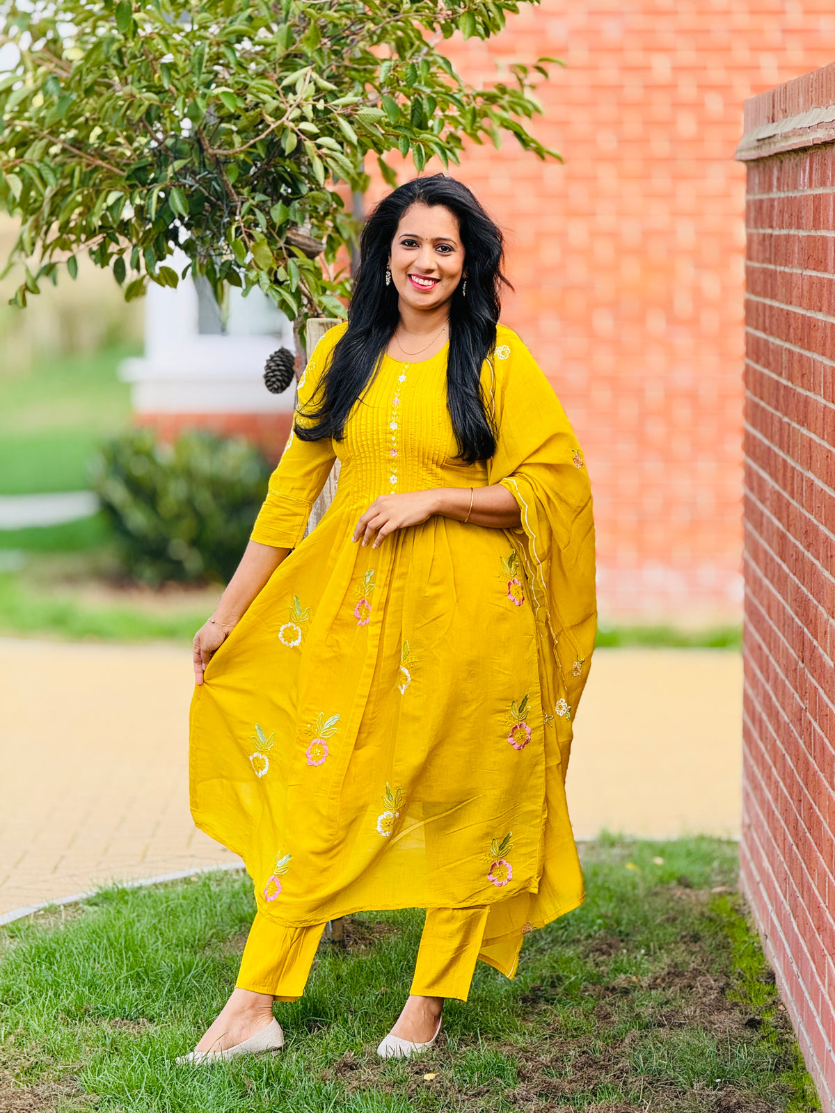 Yellow Mul Chanderi Anarkali Set