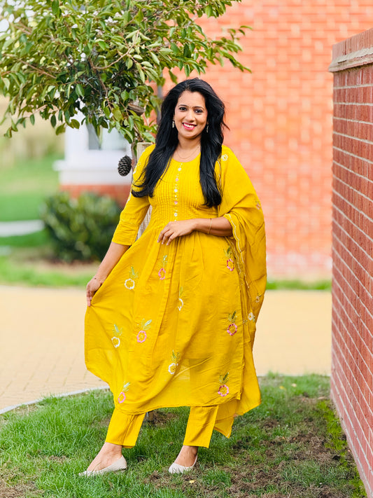 Yellow Mul Chanderi Anarkali Set