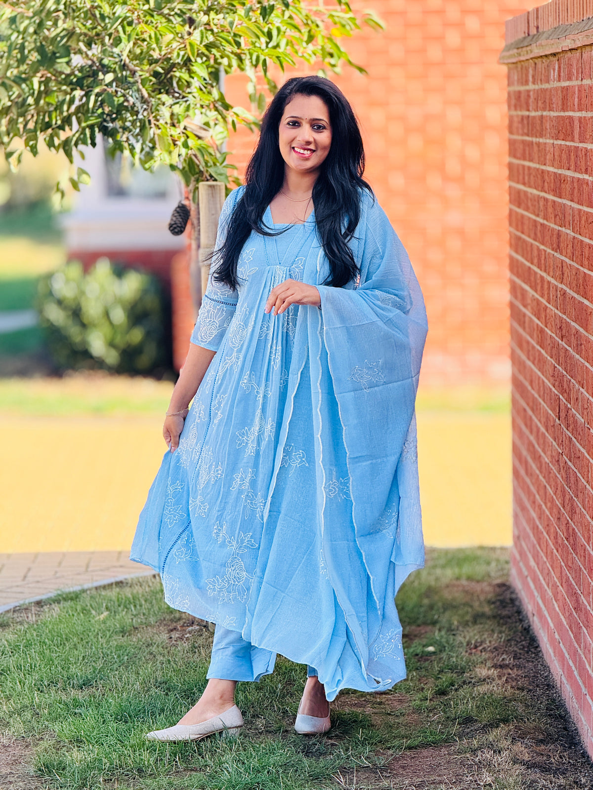 Premium Mul Chiffon Sky Blue Anarkali Set