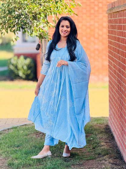 Premium Mul Chiffon Sky Blue Anarkali Set