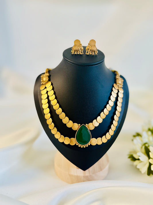QJ174-Emerald Double layer Coin Necklace