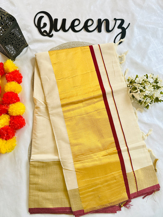 SS334-Wide Kasavu Saree - Maroon