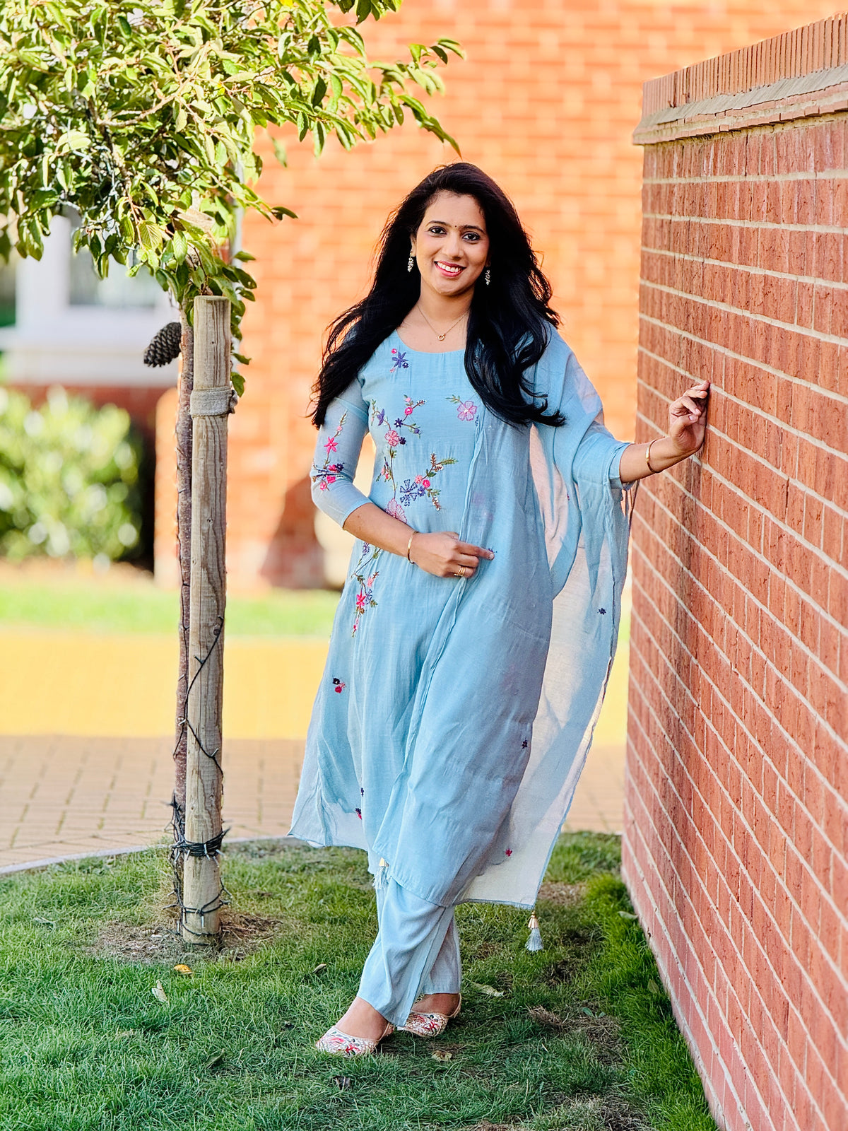 Ice Blue Mulchanderi Anarkali Set