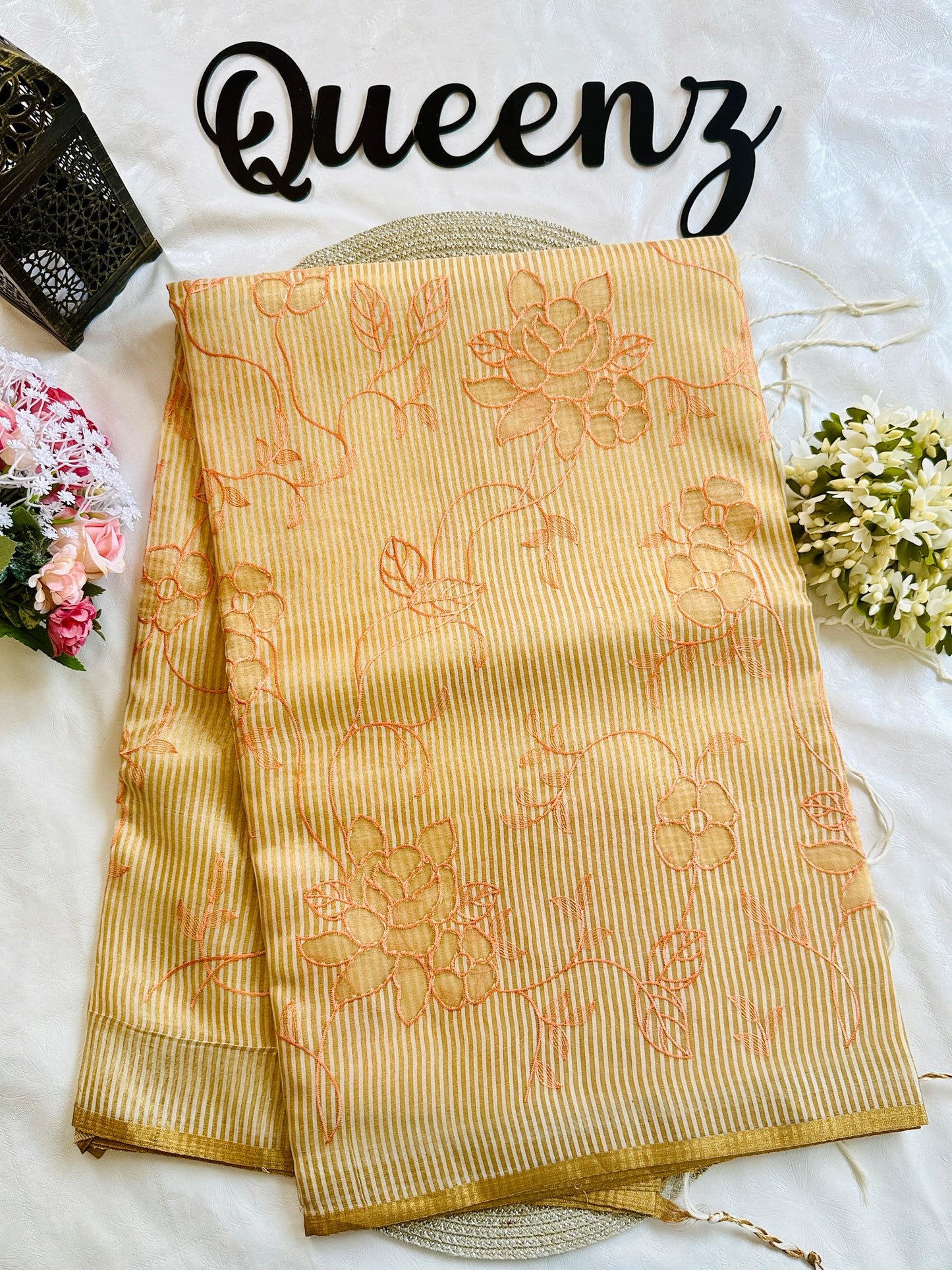 SS338- Premium Tissue Saree with applique work