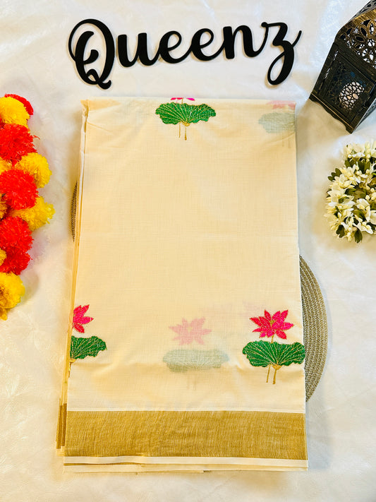 SS349- Lotus Embroidery Kerala  Kasavu Saree
