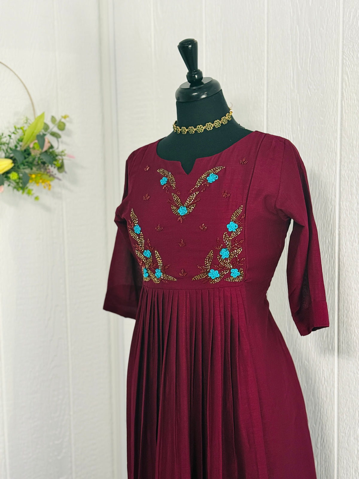 Vichithra Silk Pleated Wine Kurta