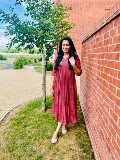 QS624-Mocha Brown Pleated Mul Chanderi Kurta