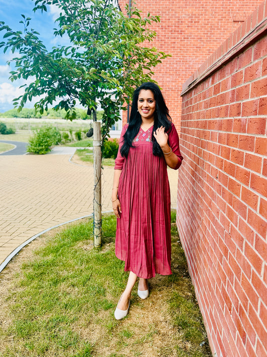 QS624-Mocha Brown Pleated Mul Chanderi Kurta