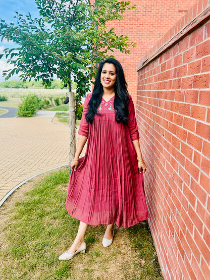 QS624-Mocha Brown Pleated Mul Chanderi Kurta