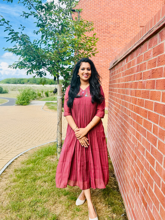 QS624-Mocha Brown Pleated Mul Chanderi Kurta