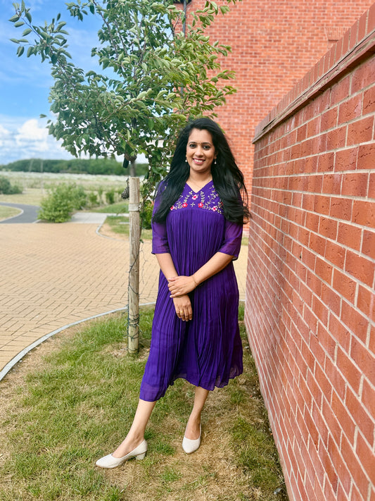 QS625-Purple Pleated Mul Chanderi Kurta
