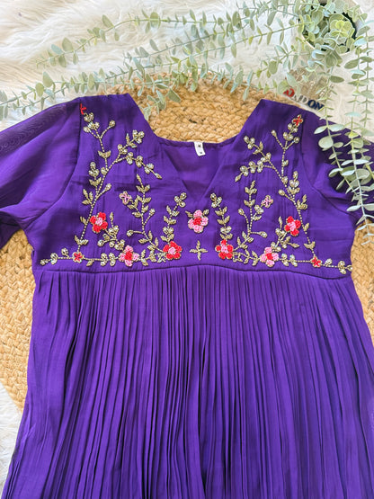 QS625-Purple Pleated Mul Chanderi Kurta