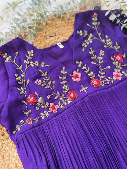 QS625-Purple Pleated Mul Chanderi Kurta