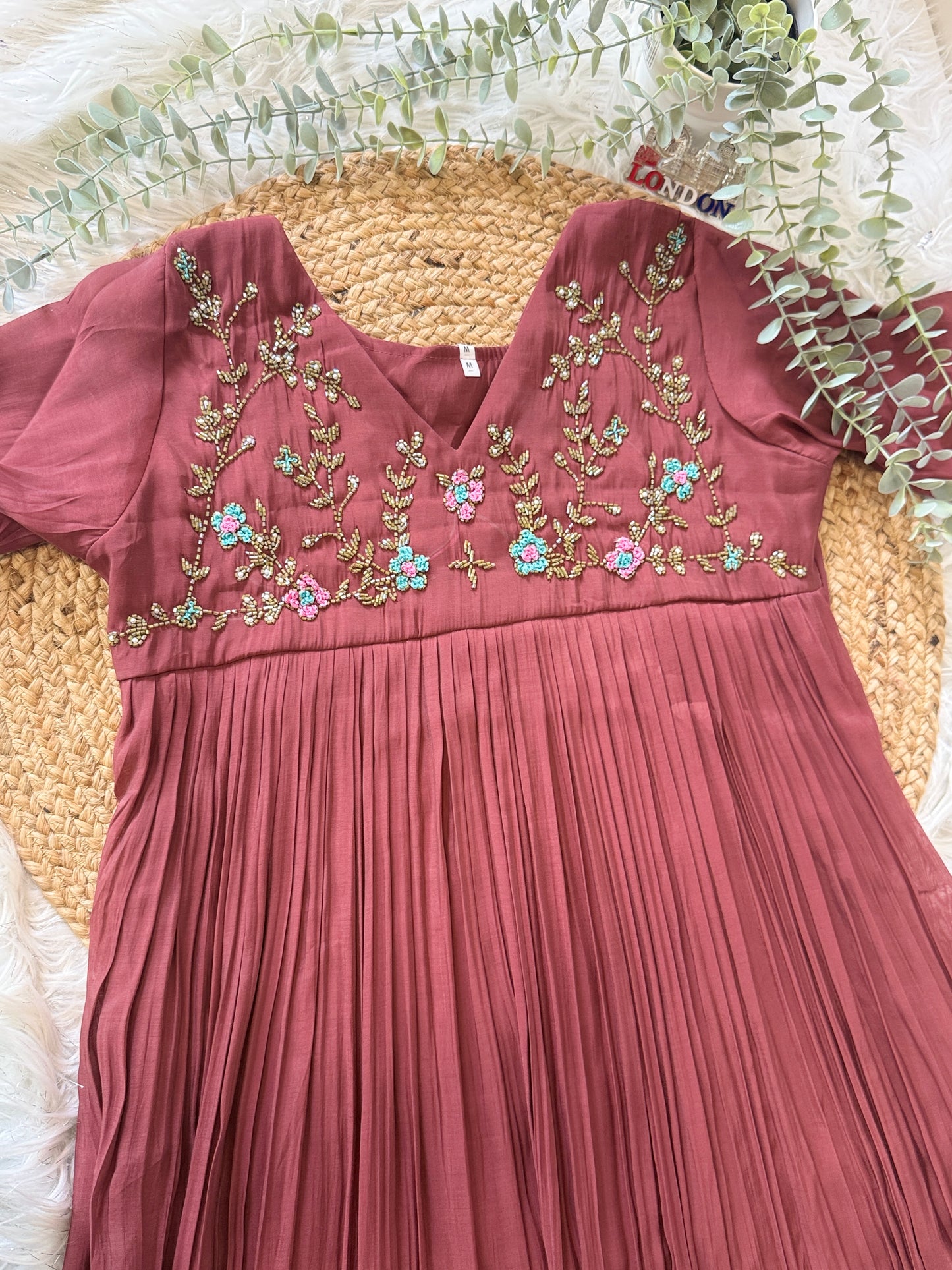 QS624-Mocha Brown Pleated Mul Chanderi Kurta
