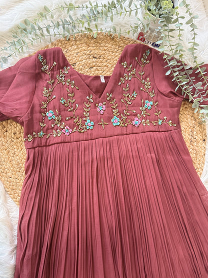 QS624-Mocha Brown Pleated Mul Chanderi Kurta