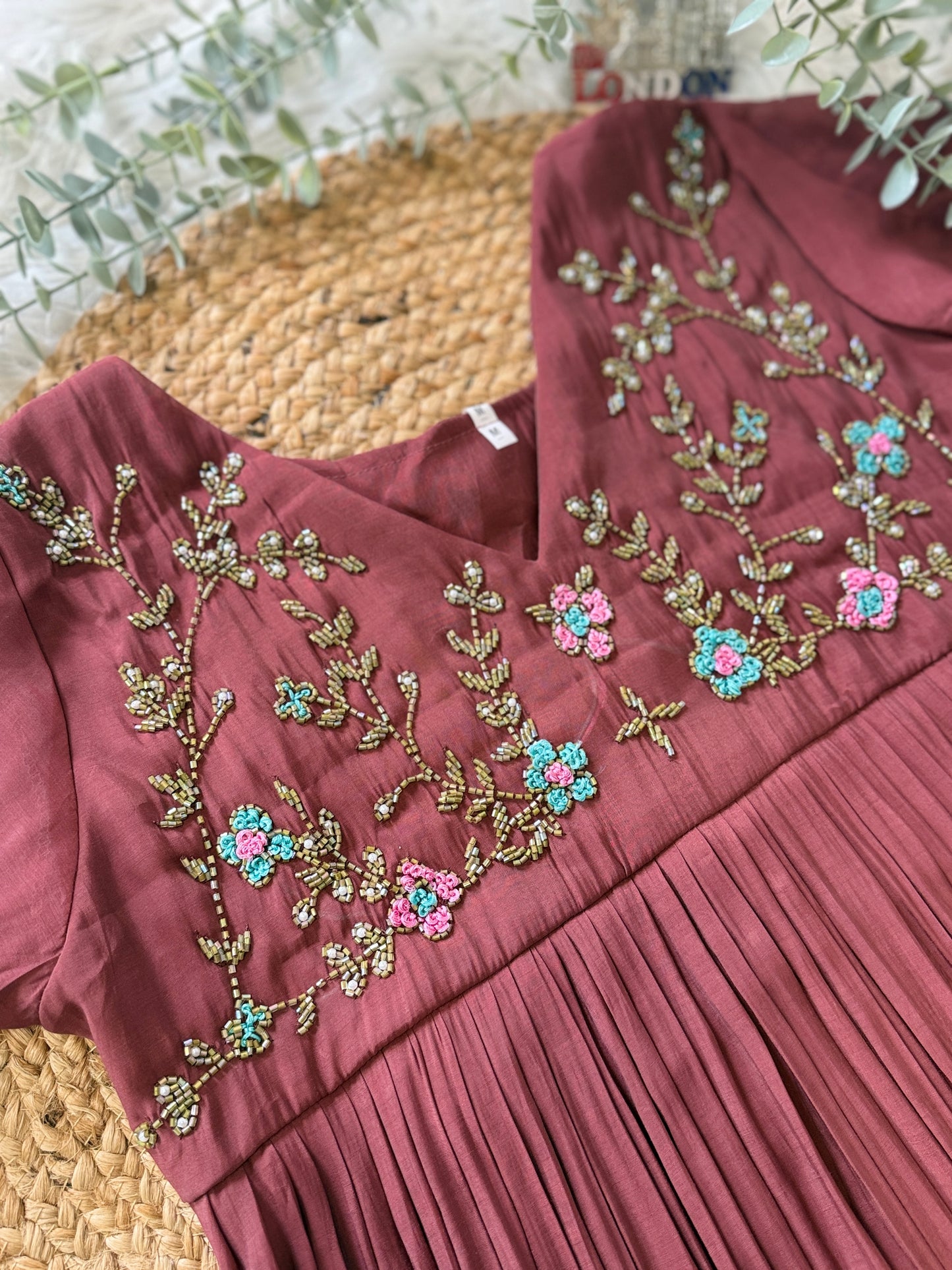 QS624-Mocha Brown Pleated Mul Chanderi Kurta