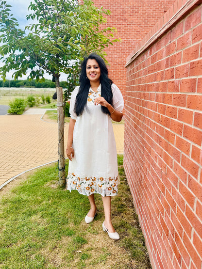 QS314-Off White Mul Chanderi Frock Kurta