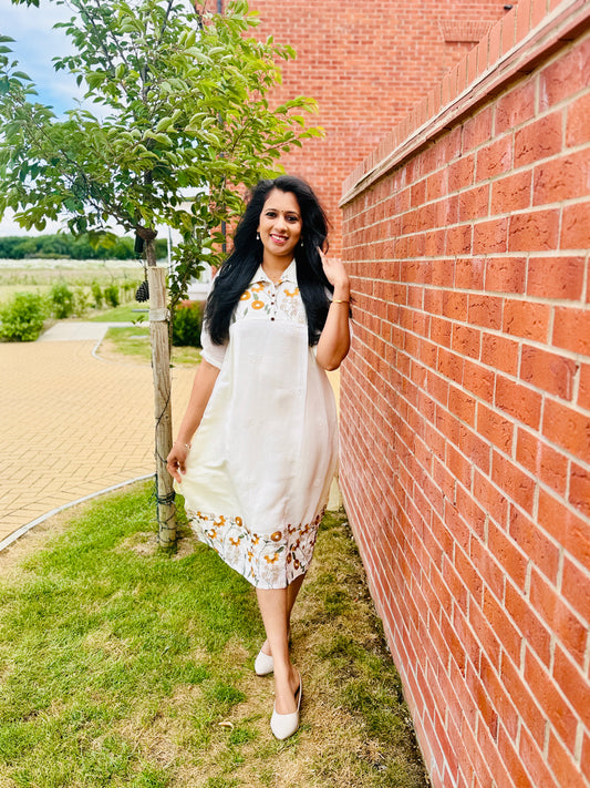QS314-Off White Mul Chanderi Frock Kurta
