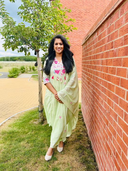 QS645-Pista Green Mul Cotton Anarkali