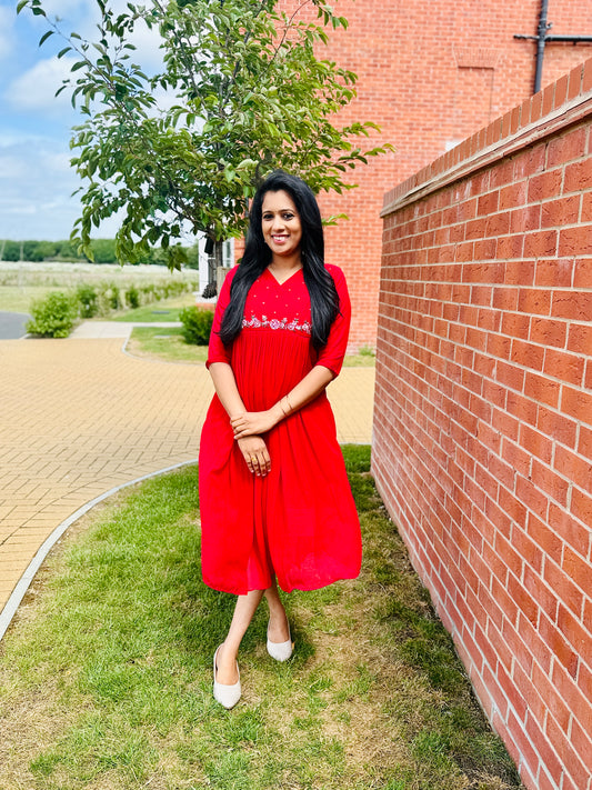 QS647-Red Georget Pleated Kurta