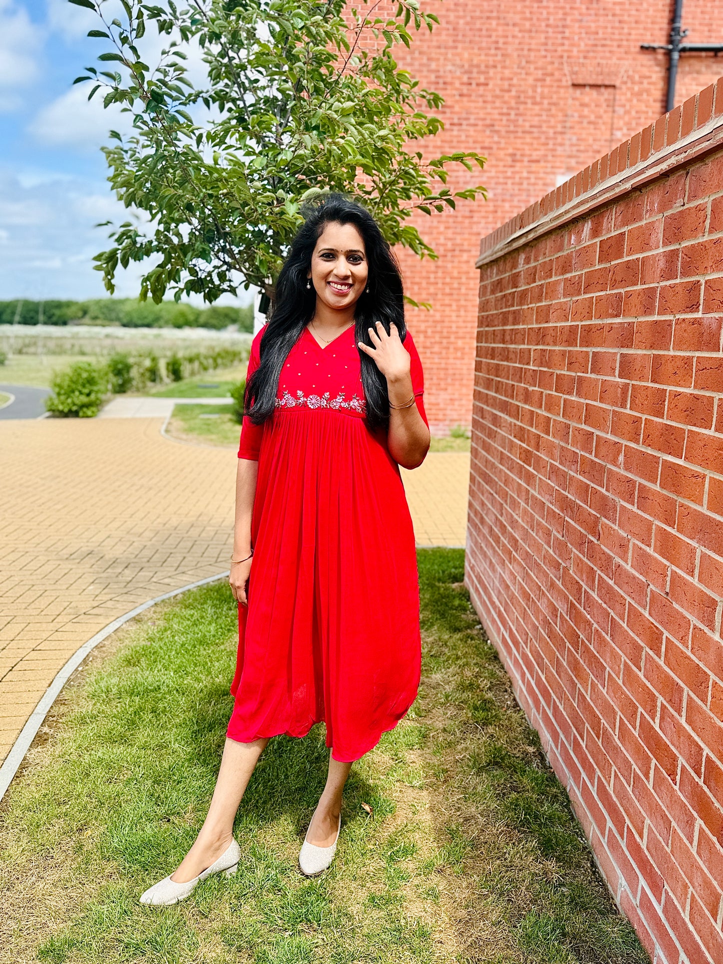QS647-Red Georget Pleated Kurta